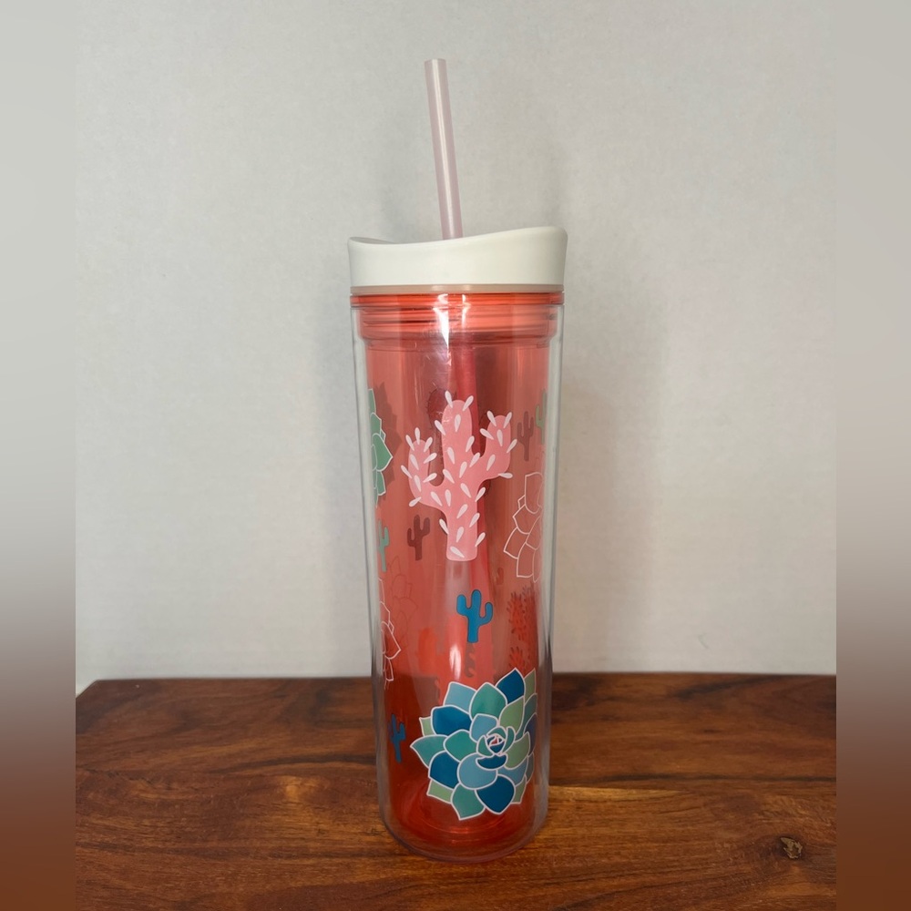 NWOT Cactus Printed Red Straw Tumbler by Garden Party, 20 oz, BPA FREE